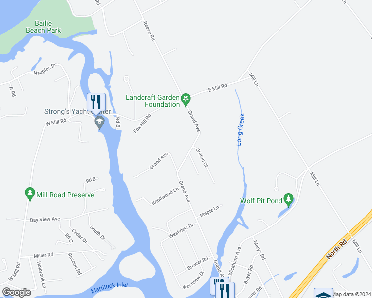 map of restaurants, bars, coffee shops, grocery stores, and more near 3865 Grand Avenue in Mattituck