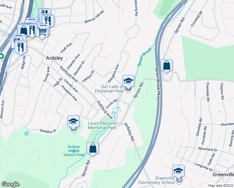 map of restaurants, bars, coffee shops, grocery stores, and more near 48 Markwood Road in Ardsley