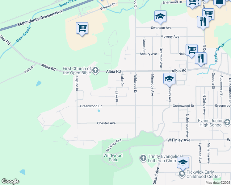 map of restaurants, bars, coffee shops, grocery stores, and more near 411 Lake Drive in Ottumwa