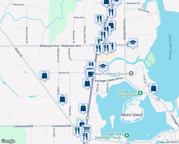 map of restaurants, bars, coffee shops, grocery stores, and more near 905 Bevan Street in Akron