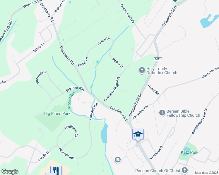 map of restaurants, bars, coffee shops, grocery stores, and more near Cranberry Heights Drive in Stroudsburg