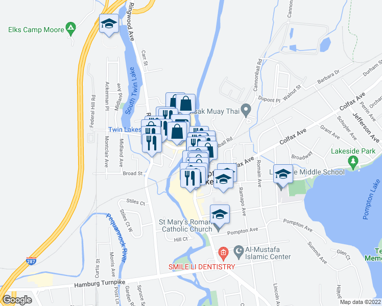 map of restaurants, bars, coffee shops, grocery stores, and more near 70 Pompton Avenue in Pompton Lakes