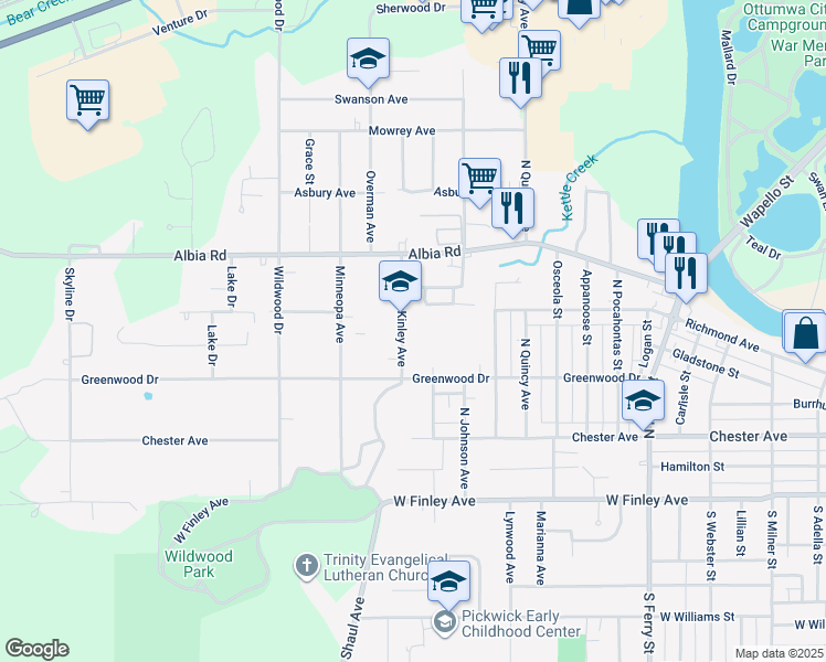 map of restaurants, bars, coffee shops, grocery stores, and more near 438 McKinley Avenue in Ottumwa