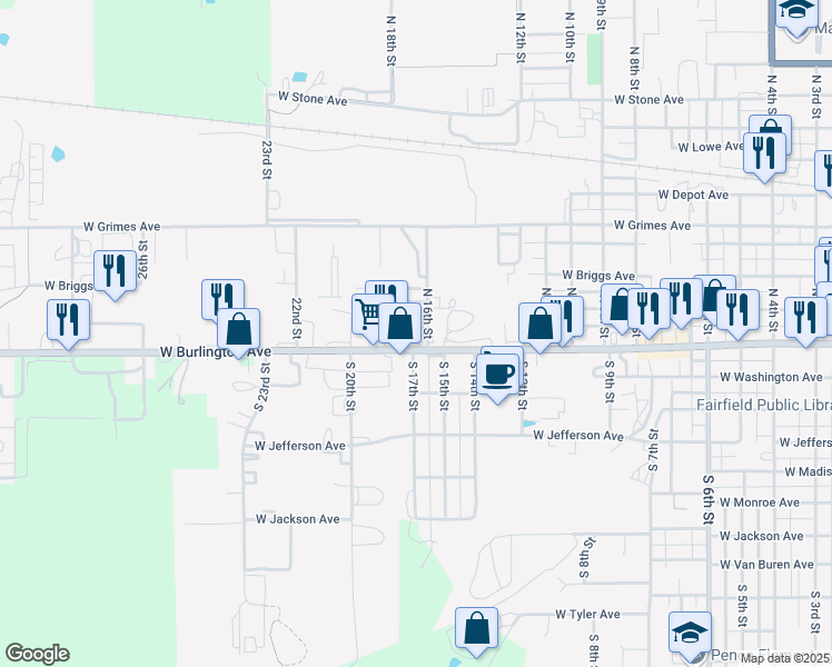 map of restaurants, bars, coffee shops, grocery stores, and more near 1601 West Burlington Avenue in Fairfield