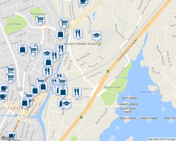 map of restaurants, bars, coffee shops, grocery stores, and more near 15 Hilltop Road in Greenwich