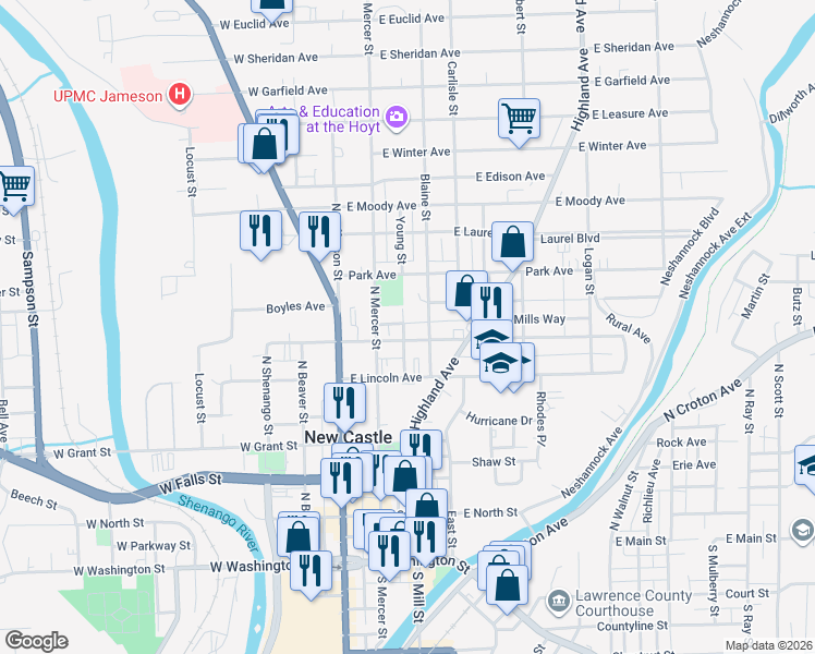 map of restaurants, bars, coffee shops, grocery stores, and more near 506 Young Street in New Castle