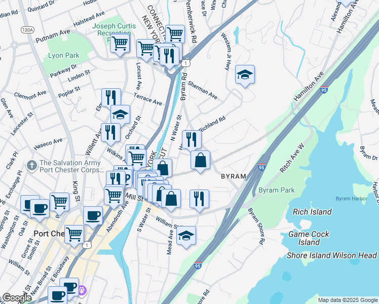 map of restaurants, bars, coffee shops, grocery stores, and more near 35 Gold Street in Greenwich