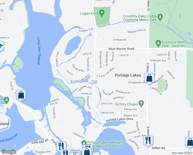 map of restaurants, bars, coffee shops, grocery stores, and more near 274 East Long Lake Boulevard in Akron