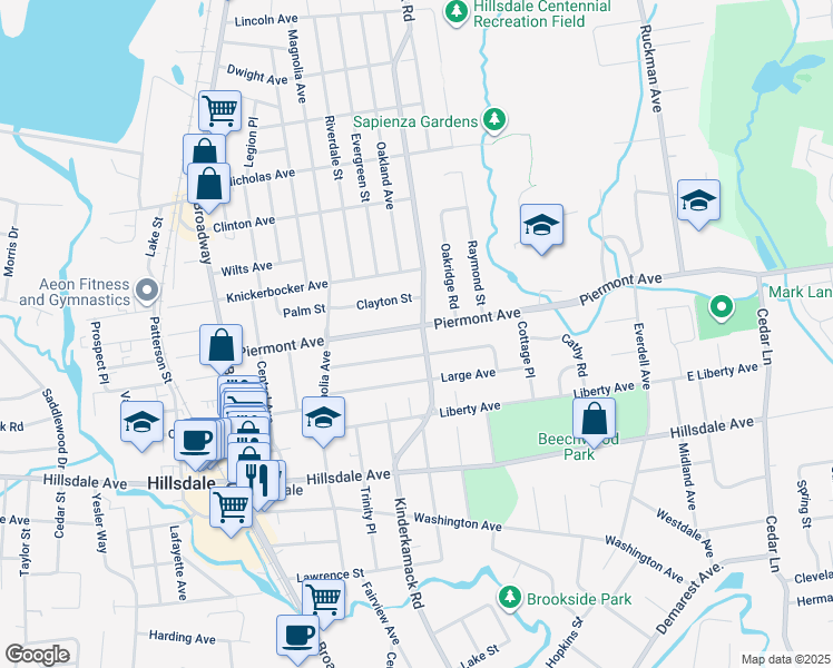 map of restaurants, bars, coffee shops, grocery stores, and more near 193 Kinderkamack Road in Hillsdale
