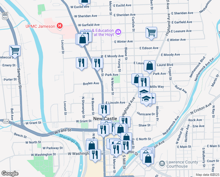 map of restaurants, bars, coffee shops, grocery stores, and more near 507 North Mercer Street in New Castle