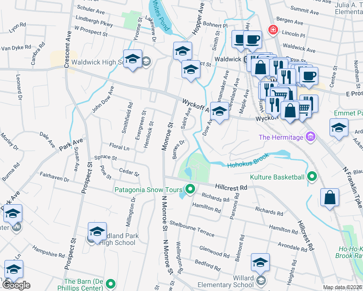 map of restaurants, bars, coffee shops, grocery stores, and more near 965 Barnes Drive in Ridgewood