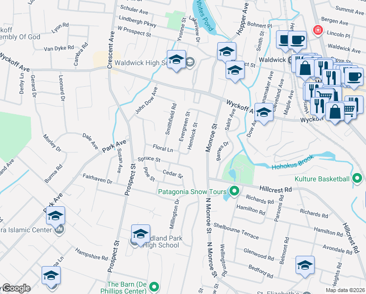 map of restaurants, bars, coffee shops, grocery stores, and more near 60 Evergreen Street in Waldwick