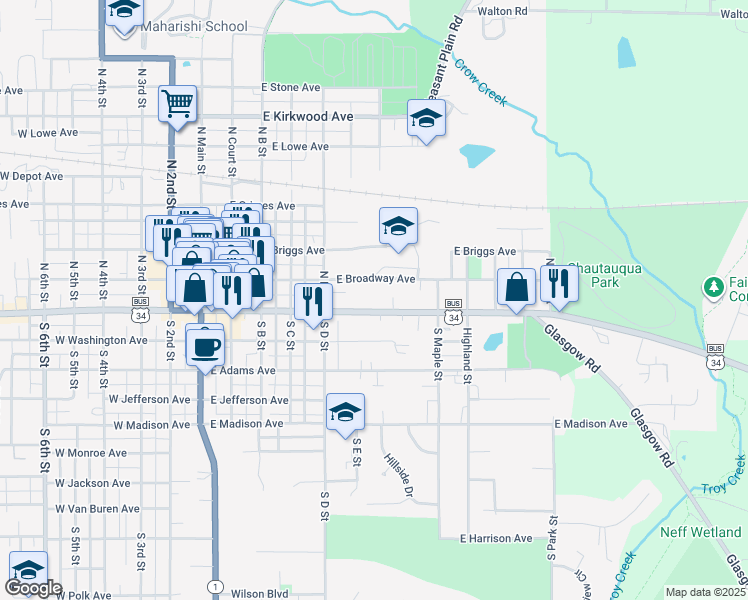 map of restaurants, bars, coffee shops, grocery stores, and more near 701-731 East Burlington Avenue in Fairfield