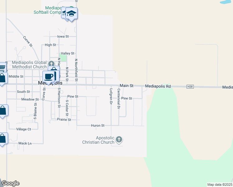 map of restaurants, bars, coffee shops, grocery stores, and more near 101 Centennial Drive in Mediapolis