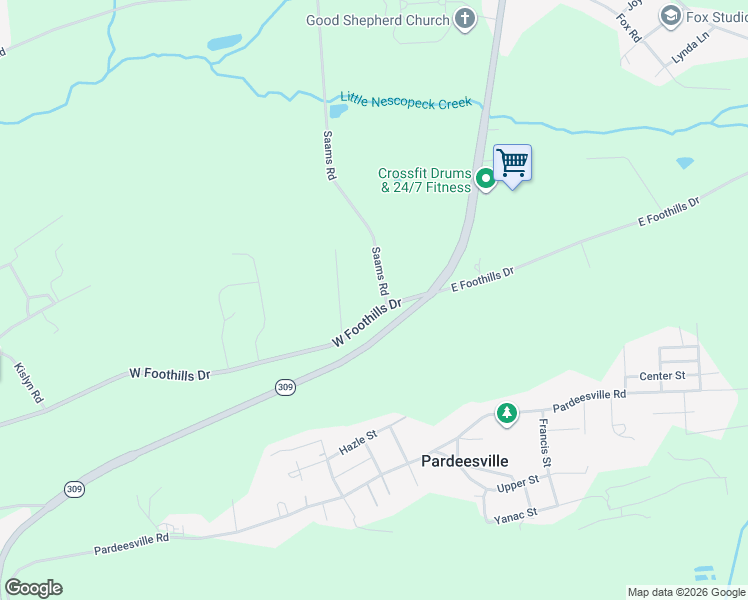 map of restaurants, bars, coffee shops, grocery stores, and more near 12 West Foothills Road in Drums