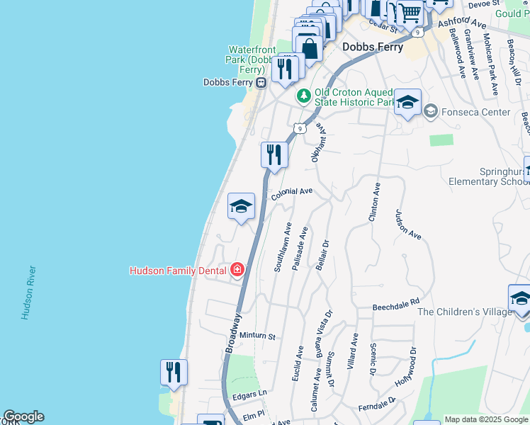 map of restaurants, bars, coffee shops, grocery stores, and more near 102 U.S. 9 in Dobbs Ferry