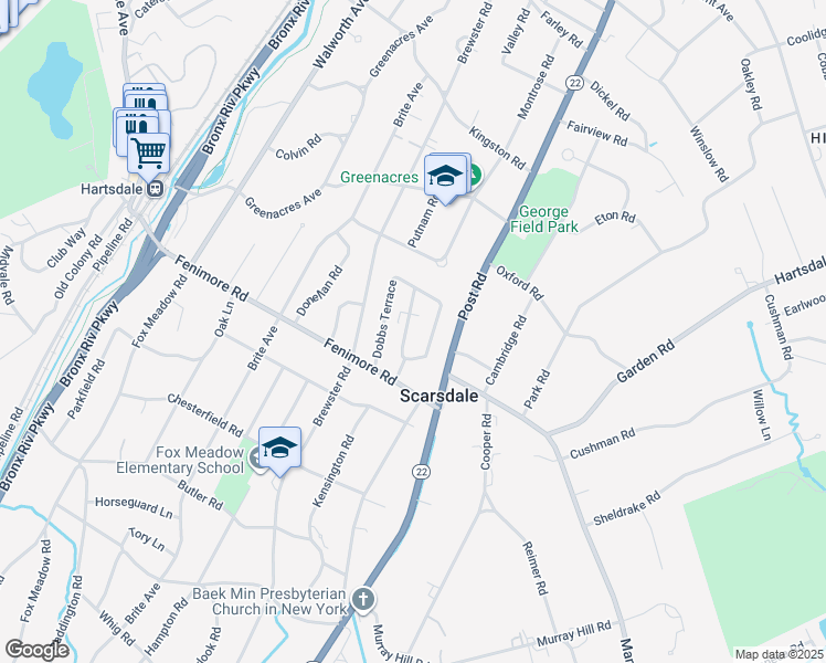 map of restaurants, bars, coffee shops, grocery stores, and more near 12 Ridgecrest West in Scarsdale