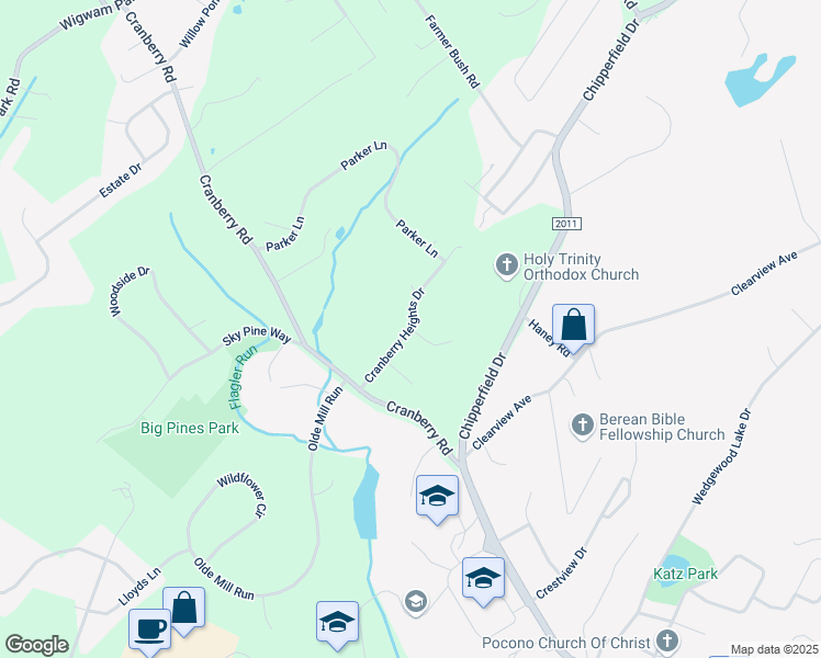 map of restaurants, bars, coffee shops, grocery stores, and more near Cranberry Heights Drive in Stroudsburg