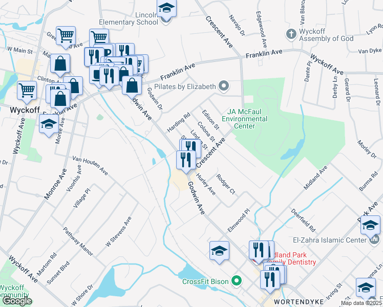 map of restaurants, bars, coffee shops, grocery stores, and more near 97 Sheldon Street in Wyckoff