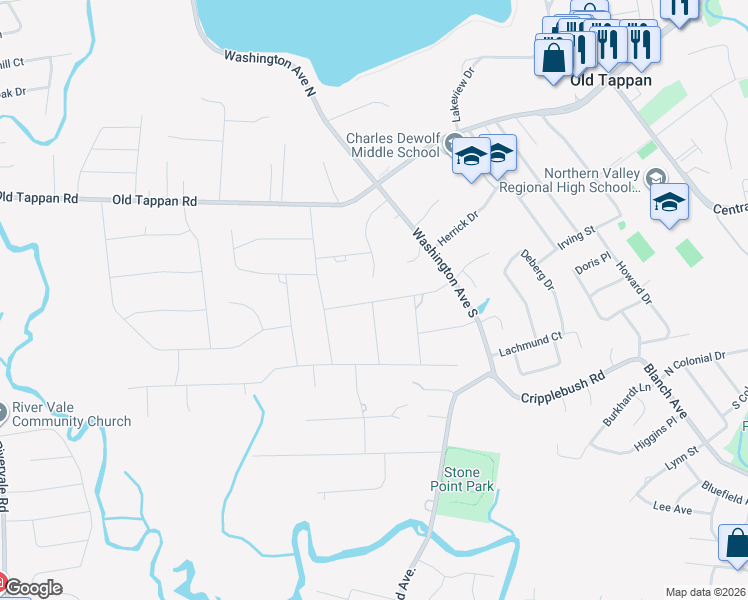 map of restaurants, bars, coffee shops, grocery stores, and more near 26 Arrowhead Road in Old Tappan