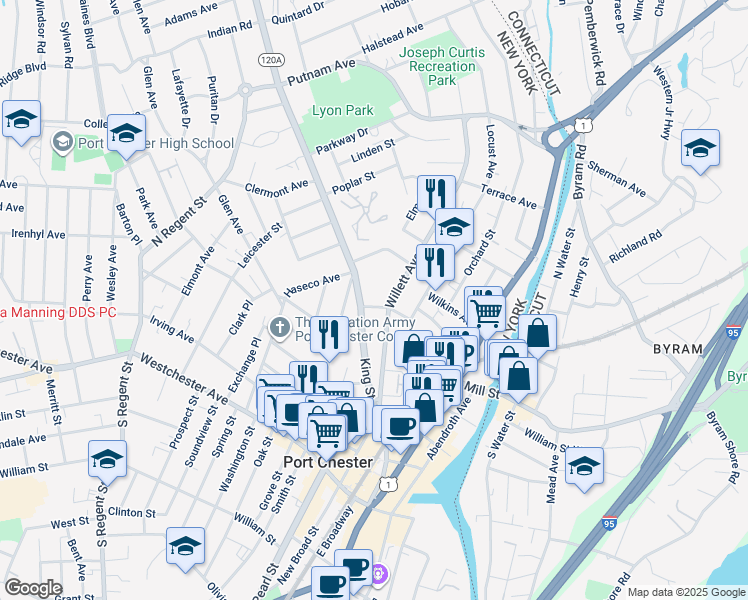 map of restaurants, bars, coffee shops, grocery stores, and more near 304 Willett Avenue in Port Chester
