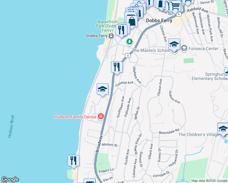 map of restaurants, bars, coffee shops, grocery stores, and more near 102 U.S. 9 in Dobbs Ferry