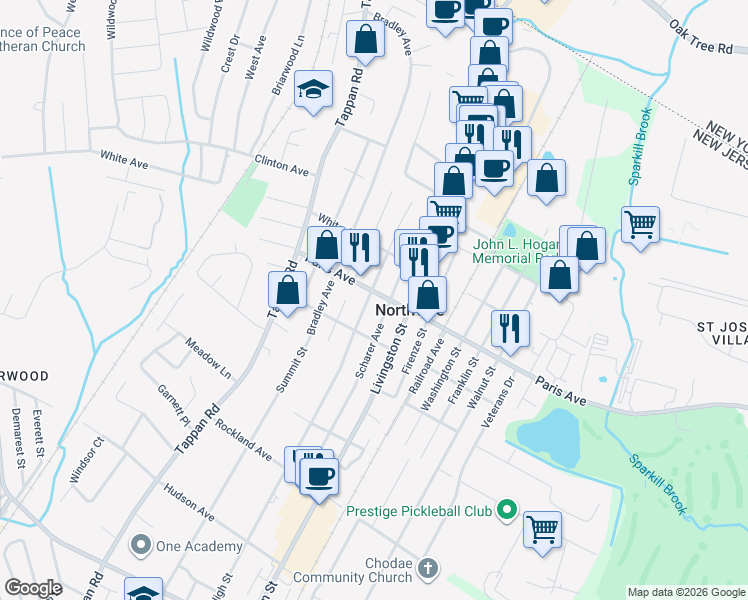 map of restaurants, bars, coffee shops, grocery stores, and more near 139 Paris Avenue in Northvale