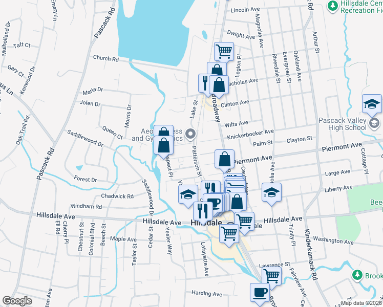 map of restaurants, bars, coffee shops, grocery stores, and more near 60-80 Brookside Place in Hillsdale