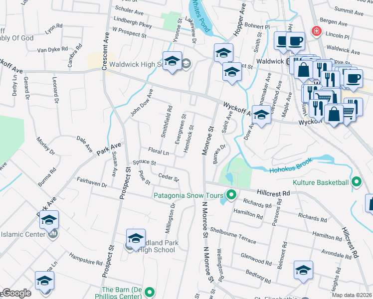 map of restaurants, bars, coffee shops, grocery stores, and more near 60 Evergreen Street in Waldwick