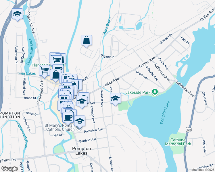 map of restaurants, bars, coffee shops, grocery stores, and more near 210 Colfax Avenue in Pompton Lakes
