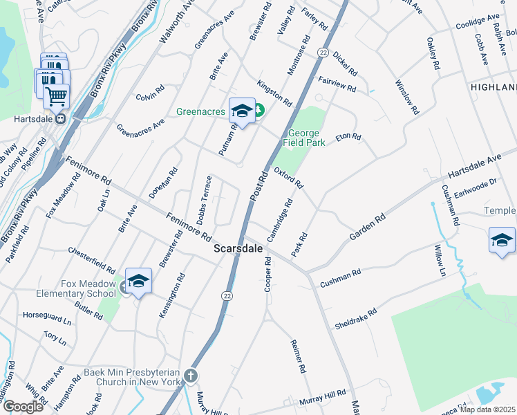 map of restaurants, bars, coffee shops, grocery stores, and more near 1184 Post Road in Scarsdale