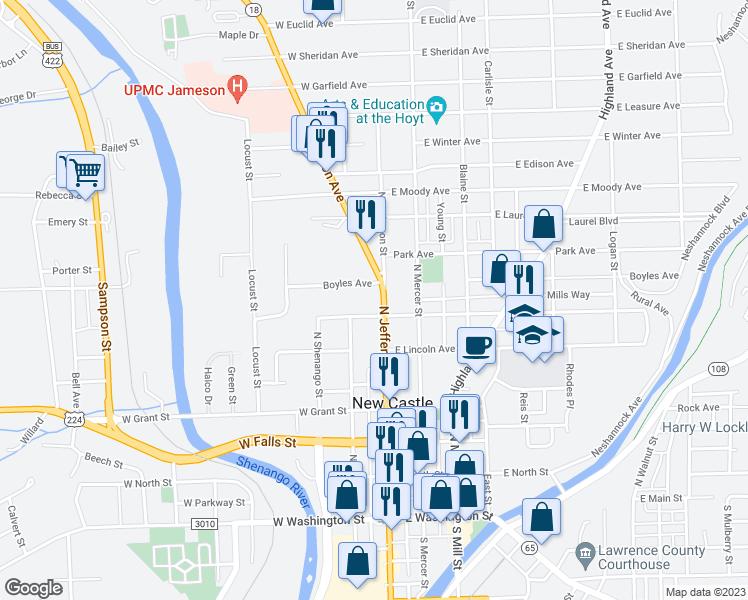 map of restaurants, bars, coffee shops, grocery stores, and more near 507 North Jefferson Street in New Castle