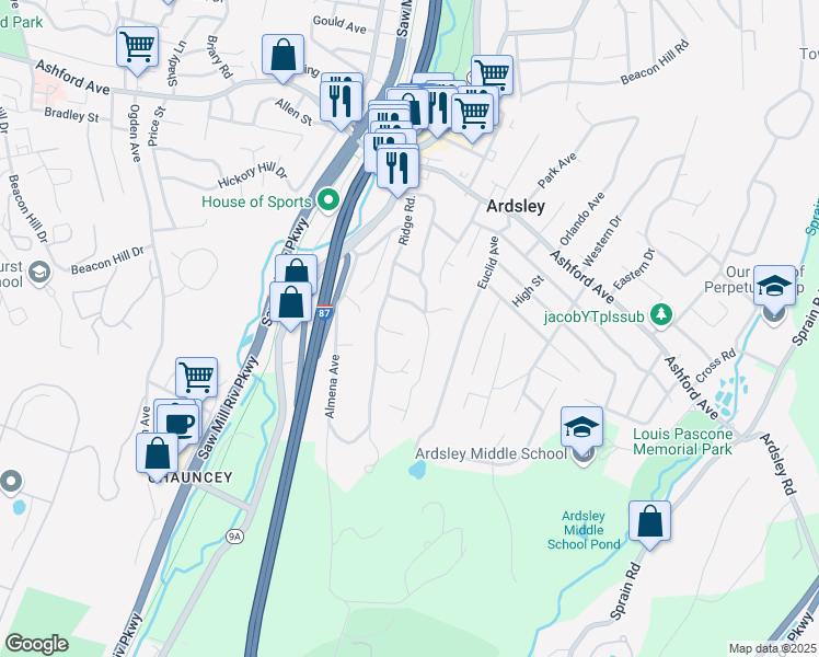 map of restaurants, bars, coffee shops, grocery stores, and more near 9 Shady Road in Ardsley