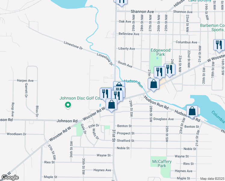 map of restaurants, bars, coffee shops, grocery stores, and more near 44 31st Street Northwest in Barberton