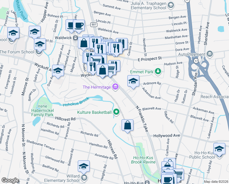 map of restaurants, bars, coffee shops, grocery stores, and more near 335 North Franklin Turnpike in Ho-Ho-Kus