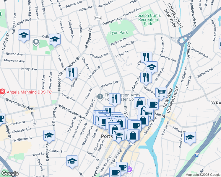map of restaurants, bars, coffee shops, grocery stores, and more near 16 Maple Place in Port Chester