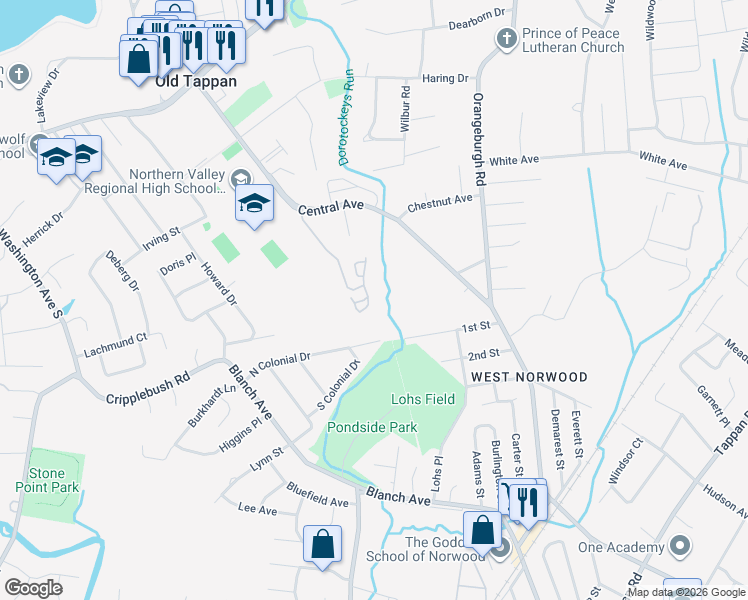 map of restaurants, bars, coffee shops, grocery stores, and more near 24 Foxwood Square South in Old Tappan