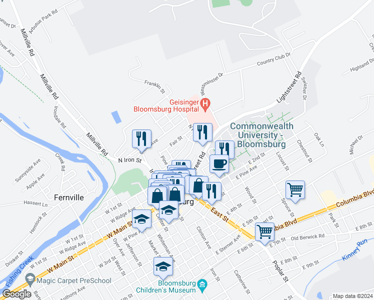 map of restaurants, bars, coffee shops, grocery stores, and more near 305 E 1st St in Bloomsburg