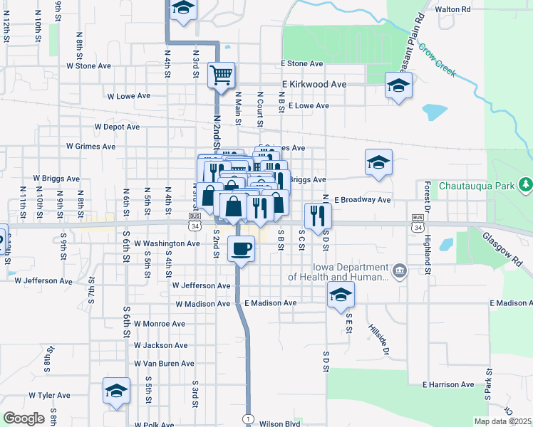 map of restaurants, bars, coffee shops, grocery stores, and more near 55 South Court Street in Fairfield