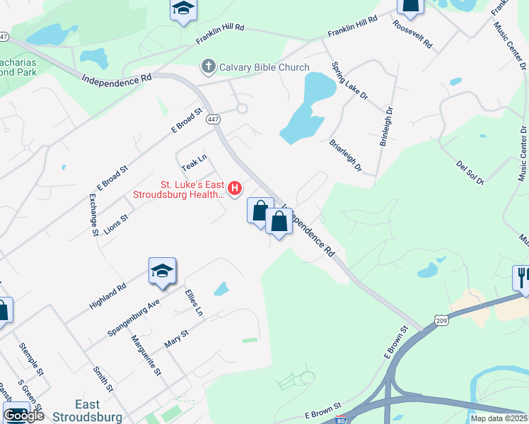 map of restaurants, bars, coffee shops, grocery stores, and more near 216 Independence Road in East Stroudsburg