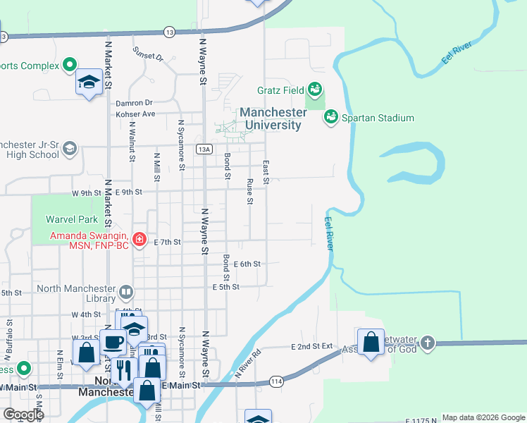 map of restaurants, bars, coffee shops, grocery stores, and more near 802 East Street in North Manchester