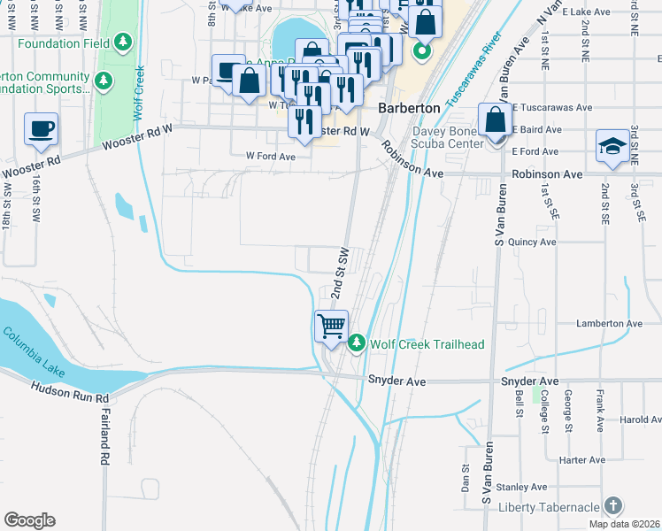 map of restaurants, bars, coffee shops, grocery stores, and more near 47 Diamond Avenue in Barberton