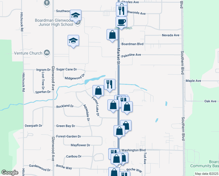 map of restaurants, bars, coffee shops, grocery stores, and more near 7956 Market Street in Youngstown