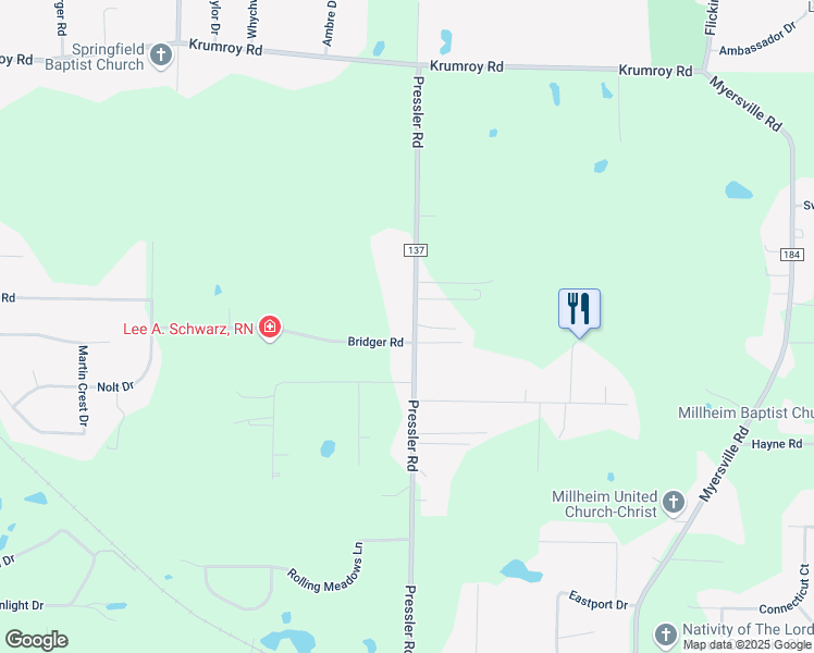 map of restaurants, bars, coffee shops, grocery stores, and more near 2096 Pressler Road in Akron