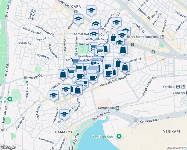 map of restaurants, bars, coffee shops, grocery stores, and more near 70 Kızılelma Caddesi in Fatih