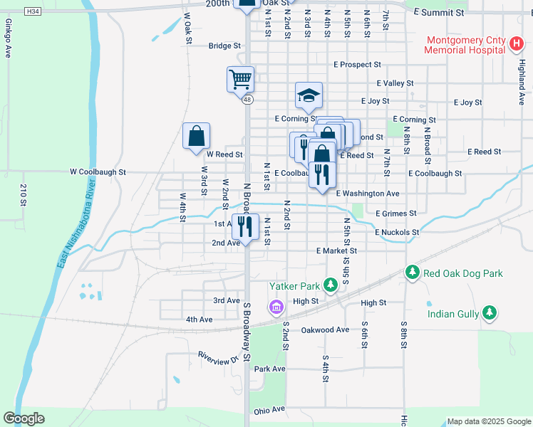 map of restaurants, bars, coffee shops, grocery stores, and more near 102 W Grimes St in Red Oak
