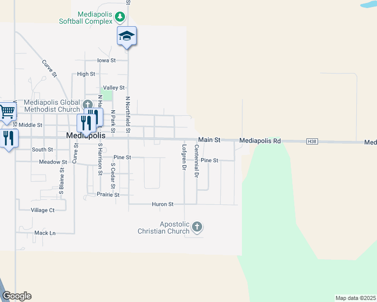 map of restaurants, bars, coffee shops, grocery stores, and more near 101 Centennial Drive in Mediapolis