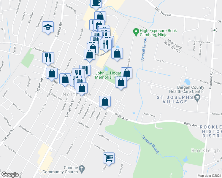 map of restaurants, bars, coffee shops, grocery stores, and more near 219 Walnut Street in Northvale