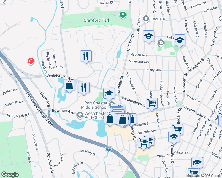 map of restaurants, bars, coffee shops, grocery stores, and more near 87 Avon Circle in Rye Brook
