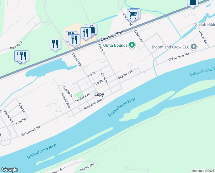 map of restaurants, bars, coffee shops, grocery stores, and more near Erma Avenue in Bloomsburg